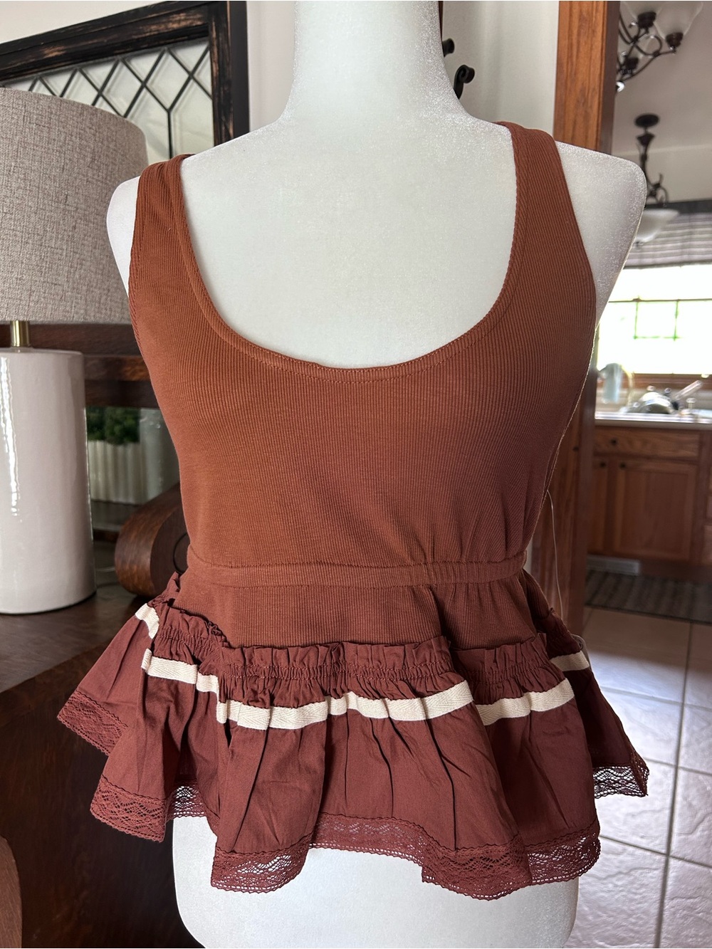 Free People Rust Peplum Tank with Cream Stripe